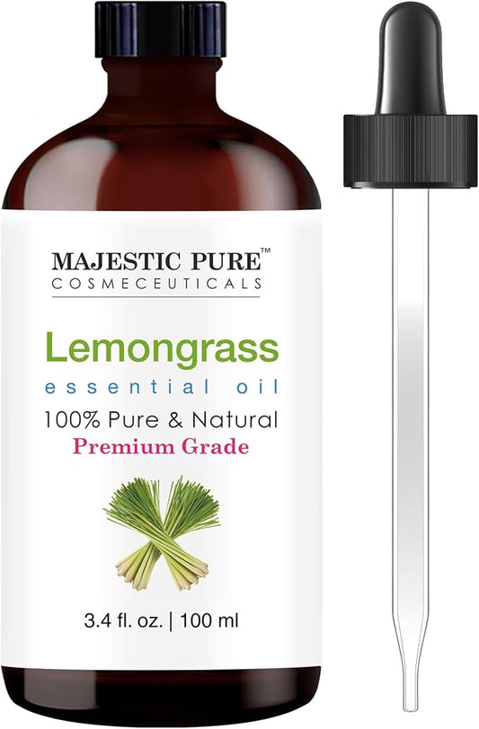 Majestic Pure Essential Oil with Glass Dropper - 100% Pure and Natural - Essential Oils for Diffuser, Aromatherapy, Soap and Candle Making, Lemongrass Essential Oil, Lemongrass Oil, 3.4 Fl Oz