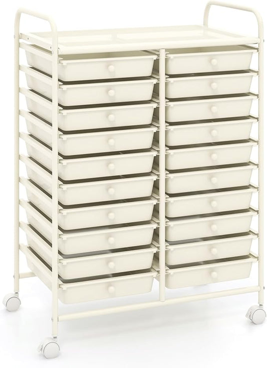 COSTWAY 20-Drawer Rolling Storage Cart, Utility Storage Organizer Cart for Tools, Scrapbook, Paper, Craft, Multipurpose Storage Trolley on Wheels for Home Office School, Ivory White