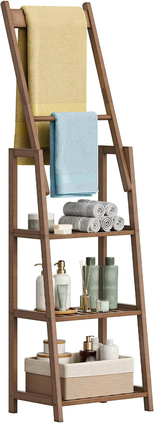 HOOBRO 3 Tier Ladder Shelf, Blanket Ladder, Bookcase Storage Rack Organizer, Bamboo Storage Shelf, Freestanding Shelving Unit, Farmhouse Ladder Rack for Living Room and Bedroom, Mocha MA123CJ01