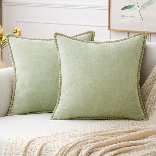 MIULEE Pack of 2 Summer Throw Pillow Covers 20x20 Inch Light Green Farmhouse Decorative Pillow Covers with Stitched Edge Soft Chenille Solid Dyed Pillow Covers for Couch Sofa Bed Living Room
