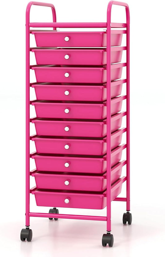 COSTWAY 10-Drawer Rolling Storage Cart, Utility Mobile Trolley with Removable Drawers & Universal Casters & 2 Brakes, Versatile Flexible Drawer Organizer Cart for Home, Office, Hot Pink