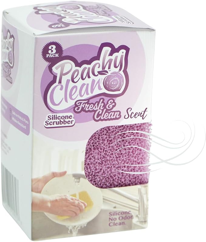 Peachy Clean Silicone Dish Sponge Scrubbers, Fresh & Clean Scent, Non-Scratch, Odor-Resistant, Durable Dish Sponges for Kitchen 3pk