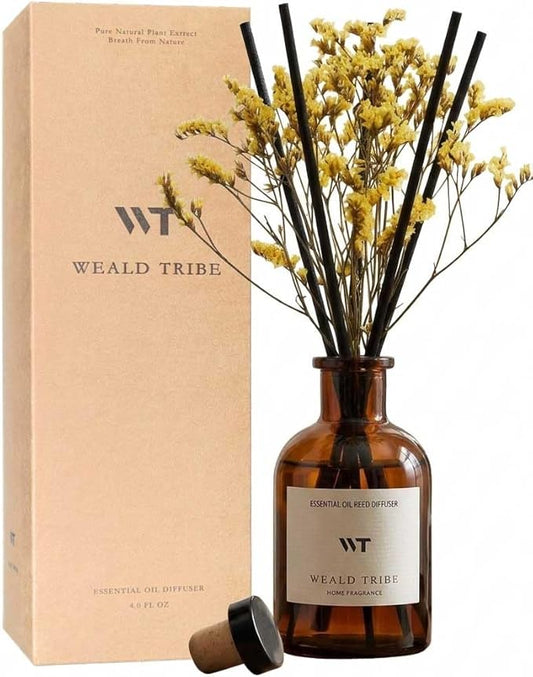 WEALD TRIBE Reed Diffuser Set for Bathroom Air Fresheners, Oil Diffuser Sticks with Flower | Lemongrass Scent 4.0 fl oz Home Fragrance with Sticks Defusers | House Bedroom Office Shelf Decor