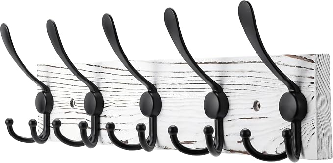 Kuhome Coat Rack Wall Mount Wooden Hat Rack for Wall Hooks Pine Real Wood Plank 16.9" White Coat Hanger with 5 Black Triple Hooks for Hanging Coat Hat Jacket