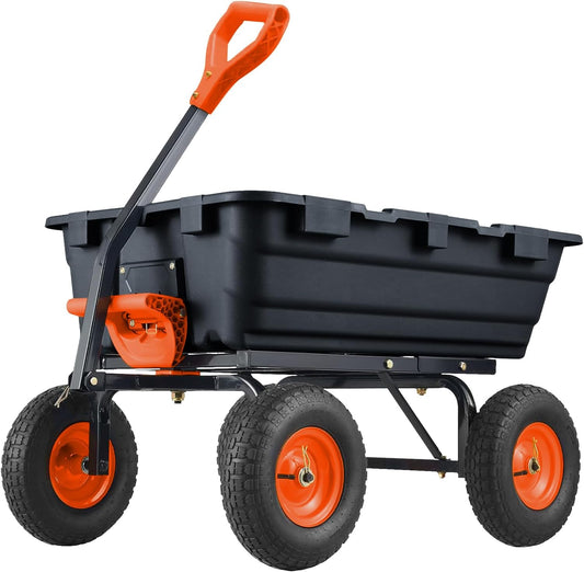 800 lbs Poly Garden Dump Cart, Heavy-Duty Wheelbarrow with 10-Inch Tires, 180° Rotating Handle, Steel Frame and Quick Release System Garden Dump Cart for Soil Plants Gardening Tools Wood