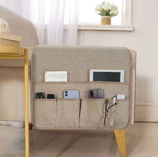 Faux Linen Armchair Caddy for Couch Remote Control Holder Non-slip Sofa Armset Organizer Caddy Storage for Recliner Couch 6 Pocket for Magazine 35"x19.5" Linen 1 Piece