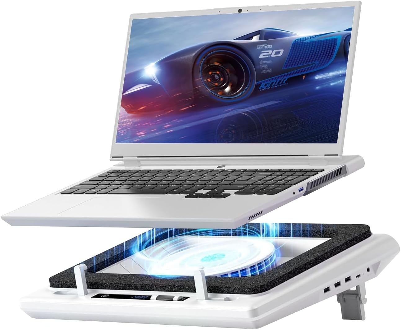 Llano V13 Laptop Cooling Pad with 5.5" Turbofan – High-Speed Cooling for 15-21 Inch Gaming Laptops, Adjustable Speed & Touch Control, 3-Port USB Hub, with Mousepad, White