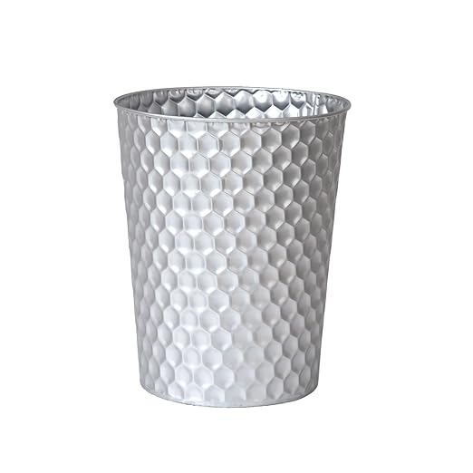 Venalys Small Metal Trash Can Wastebasket, Decorative Honeycomb Garbage Can Waste Basket, Modern Farmhouse Round Trash Bin for Bathroom, Bedroom, Kitchen and Office (Silver)