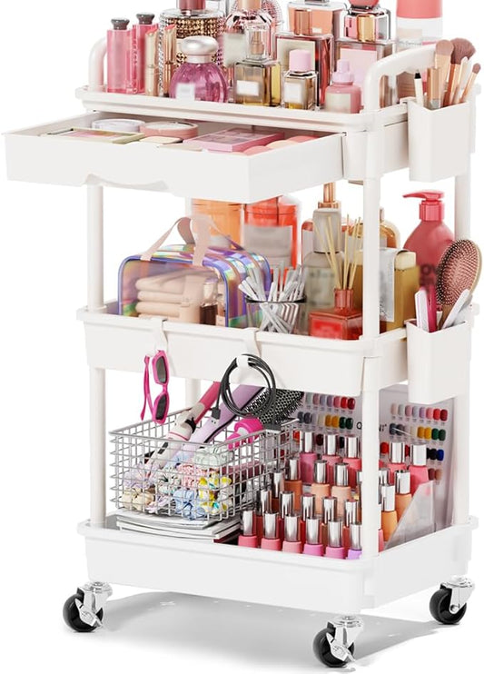Goovilla Rolling Makeup Organizer Cart with Removable Drawer, 3 Tier Stable White Floor Skincare Storage Cart for Vanity, Cosmetic Display, Nail Polish, Perfume, Hair Stuff, Beauty, Bathroom(Plastic)