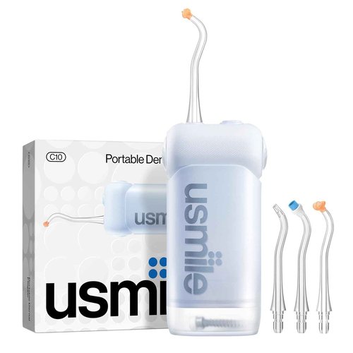 usmile C10 Portable Water Flosser – Travel-Friendly, 95-Day Battery, 4 Modes, 360° Nozzle, 180ml Tank, IPX7 Waterproof, Dentist-Recommended for Braces, Implants & Sensitive Gums (Blue)