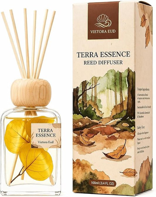 Terra Essence Reed Diffuser Set, Natural Wood & Forest Scent, Long Lasting Home Fragrance with Dried Leaves Decor, 100ml Essential Oil Diffuser for Living Room, Bathroom, Office, 3.4 FL OZ