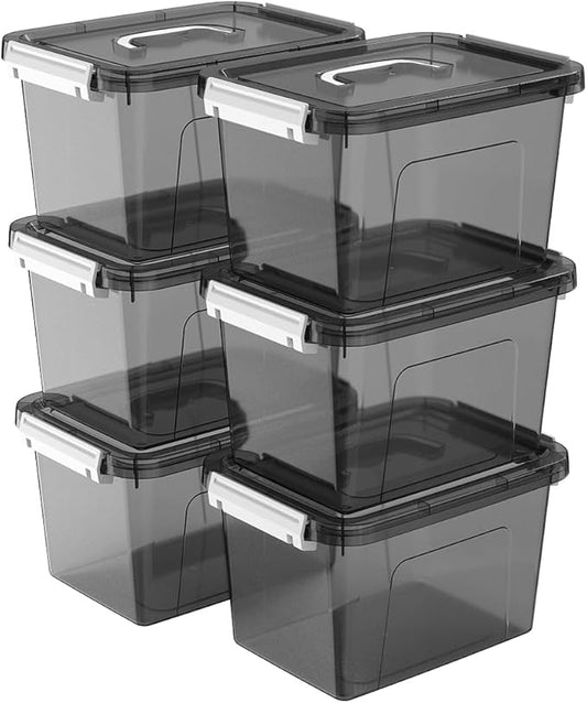 6 Quart Stackable Plastic Storage Bins with Lids, 6 Pack Clear Black Small Organizer Boxes with Latches for Bathroom, Pantry, Office Desk and Small Item Storage