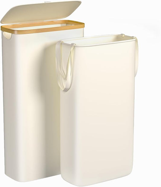 Foluck Slim Laundry Hamper, 60L Waterproof Narrow Laundry Basket with Lid and Removable Bag, Collapsible Tall Clothes Hamper with Bamboo Handles for Clothes Toys in Dorm Bedroom Bathroom, Beige