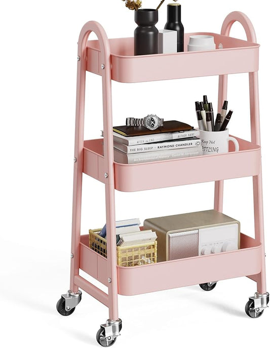 OLIXIS Metal 3 Tiers Utility Rolling Cart, Mobile Storage Shelf with Lockable Caster Wheels, Organization for Livingroom, Bathroom & Narrow Places, Pink