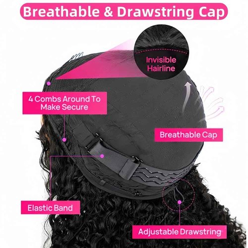 Jilnor Half Wig 200 Density Kinky Curly Half Wig Human Hair Glueless Wear Go Curly Wig Beginner Friendly Seamless Flip Over Wig with Drawstring 3 In 1 Headband Wig for Women 16 Inch