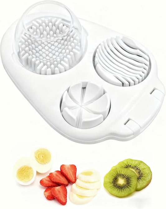 3-In-1egg Slicer For Hard Boiled Eggs,Stainless Heavy Duty Steel Egg Slicer Kitchen Gadget, Fit Strawberry,Apple,Banana,Cherry,Tomato,White