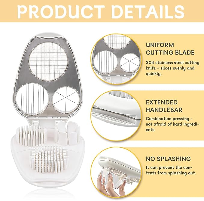 3-in-1 Egg Slicer for Hard Boiled Eggs, Multipurpose 3-Way Cutter with 3 Slice Modes, Heavy Duty Stainless Steel Chopper Tool for Strawberry, Mushroom, Grape, Cherry Tomato(COLOR:White)