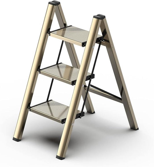3 Step Ladder, Aluminum Folding Step Stool with Anti-Slip Sturdy and Wide Pedal, Lightweight Portable Stepladder for Home and Kitchen Use Space Saving, Gold, 330 lbs
