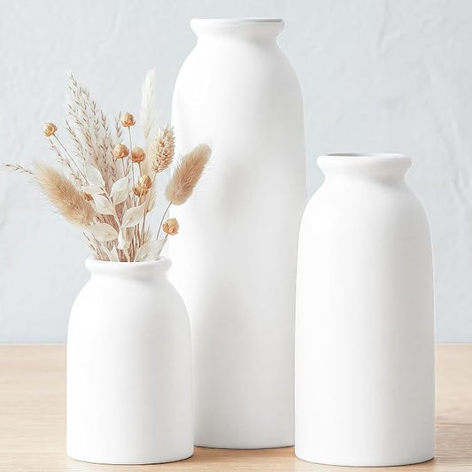 Ceramic Vases Set of 3, Small White Flower Decorative Vase for Pampas Grass & Dried Flowers, Rustic Vase for Table Bookshelf, Living Room