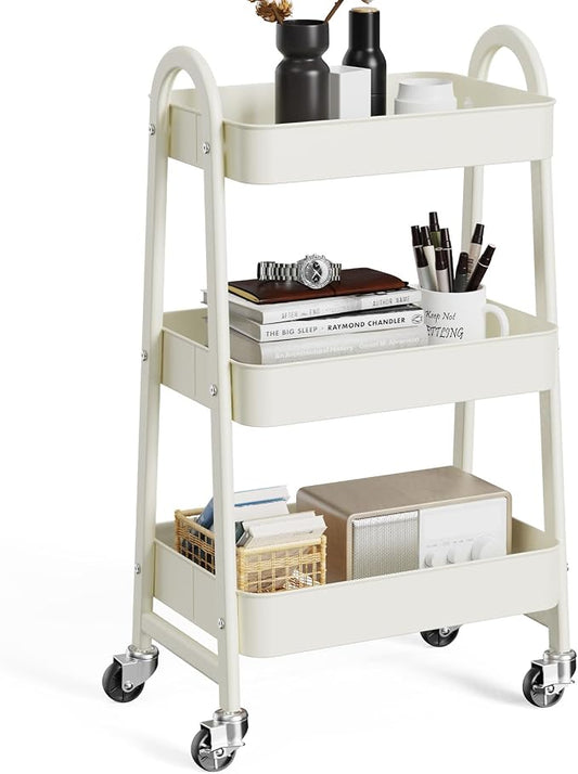 OLIXIS Metal 3 Tiers Utility Rolling Cart, Mobile Storage Shelf with Lockable Caster Wheels, Organization for Livingroom, Bathroom & Narrow Places, White