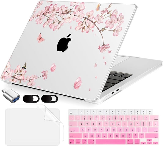 Compatible with MacBook Air 13.6 inch Case, M4 A3240/M3 A3113/M2 A2681 (Released 2025 to 2022), Hard Shell, Keyboard Cover, Screen Protector, Webcam Cover & Type-C Adapter, Butterflies Sakura