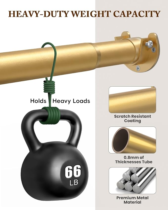 Heavy Duty Closet Rod, 17-54 IN Closet Rods for Hanging Clothes, Gold | Stepless Adjustable, Supports up to 66 lbs, Multiple Size Options, Easy Installation, Multi Purpose , Wall-Mounted