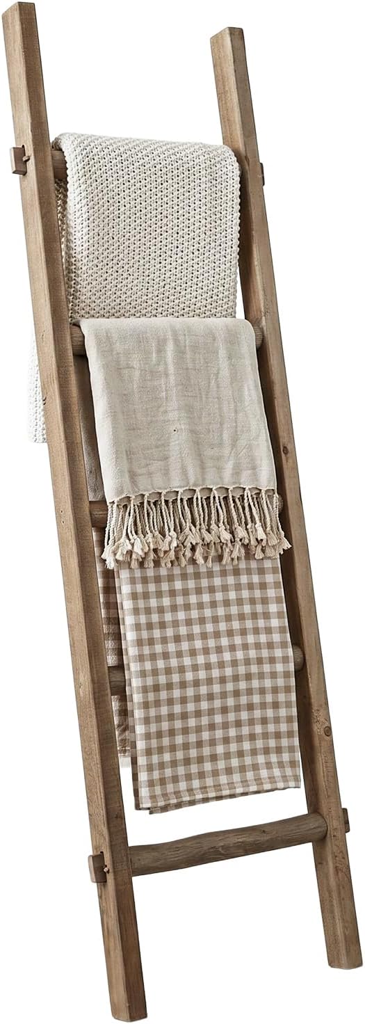 Blanket Ladder Pre Assembled 76in Wooden Ladder Shelf Living Room Bathroom Bedroom Decorative Wall Leaning Farmhouse Quilt Display Holder Rustic Towel Rack (Brown, 57in（5-Tier）)