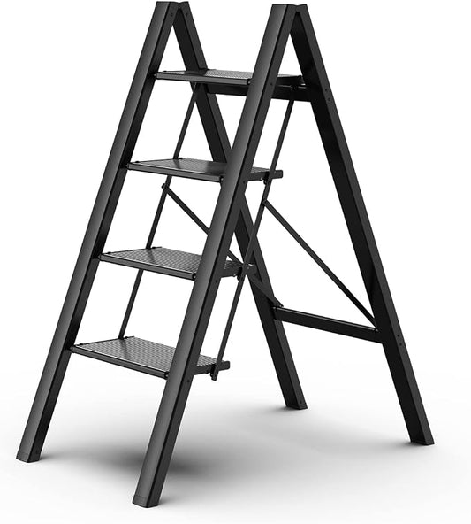 4 Step Ladder Folding Step Stool with Anti-Slip Sturdy and Wide Pedal for Adults&Elderly, Aluminum Portable Lightweight Stepladder for Home Kitchen Office, Black, 330lbs