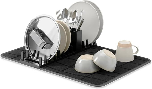 Umbra UDry Dish Drying Rack with Mat – Kitchen Countertop Dish Drainer & Absorbent Microfiber Drying Mat, Foldable Dish Rack Organizer for Plates, Cups & Utensils, Black