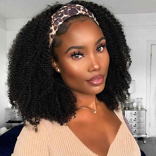 BLY Afro Curly Headband Wig Human Hair Half Wig for Women Glueless Kinky Curly Mongolian Wig 10A Grade 180% Density Natural Black Middle Part Headband Wigs 18 Inch