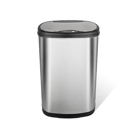 Ninestars 13 Gallon Oval Automatic Trash Can, 50L Touchless Motion Sensor Garbage Can with Odor-Sealing Lid & One-Touch Manual Mode, Silver Stainless Steel, Black Trim