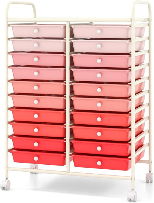 COSTWAY 20-Drawer Rolling Storage Cart, Utility Storage Organizer Cart for Tools, Scrapbook, Paper, Craft, Multipurpose Storage Trolley on Wheels for Home Office School, Mixed Pink