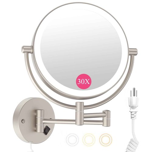 Wall Mounted Makeup Mirror with Lights, 30X/1X Double-Sided Magnifying, Plug-in Lighted Vanity Mirror with 3 Color Modes, Dimmable Brightness, 360° Swivel Extendable Arm for Bathroom & Grooming