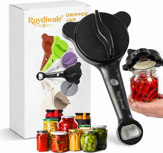 4-in-1 Jar Opener, Adjustable Jar Opener for Seniors, Kitchen Tool Designed Specifically for Seniors and Those with Limited Physical Strength, Suitable for Beer, Salad Dressing, Jar (Black)