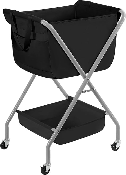 STORAGE MANIAC Collapsible Laundry Cart with Wheels 35.6"H Removable Canvas Bag Rolling Laundry Hamper Clothes Basket with Wheels, Sturdy Steel Frame Folding for Small Narrow Space Easy Storage, Black