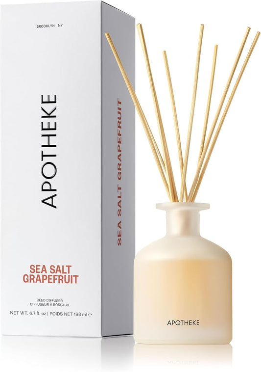 Apotheke Luxury Scented Reed Diffuser for Home, Sea Salt Grapefruit - 6.7 Fl Oz Essential Oil Aromatherapy - 10 Rattan Scent Sticks Room Diffuser - Long-Lasting Fragrance for Bedroom, Home, Bathroom