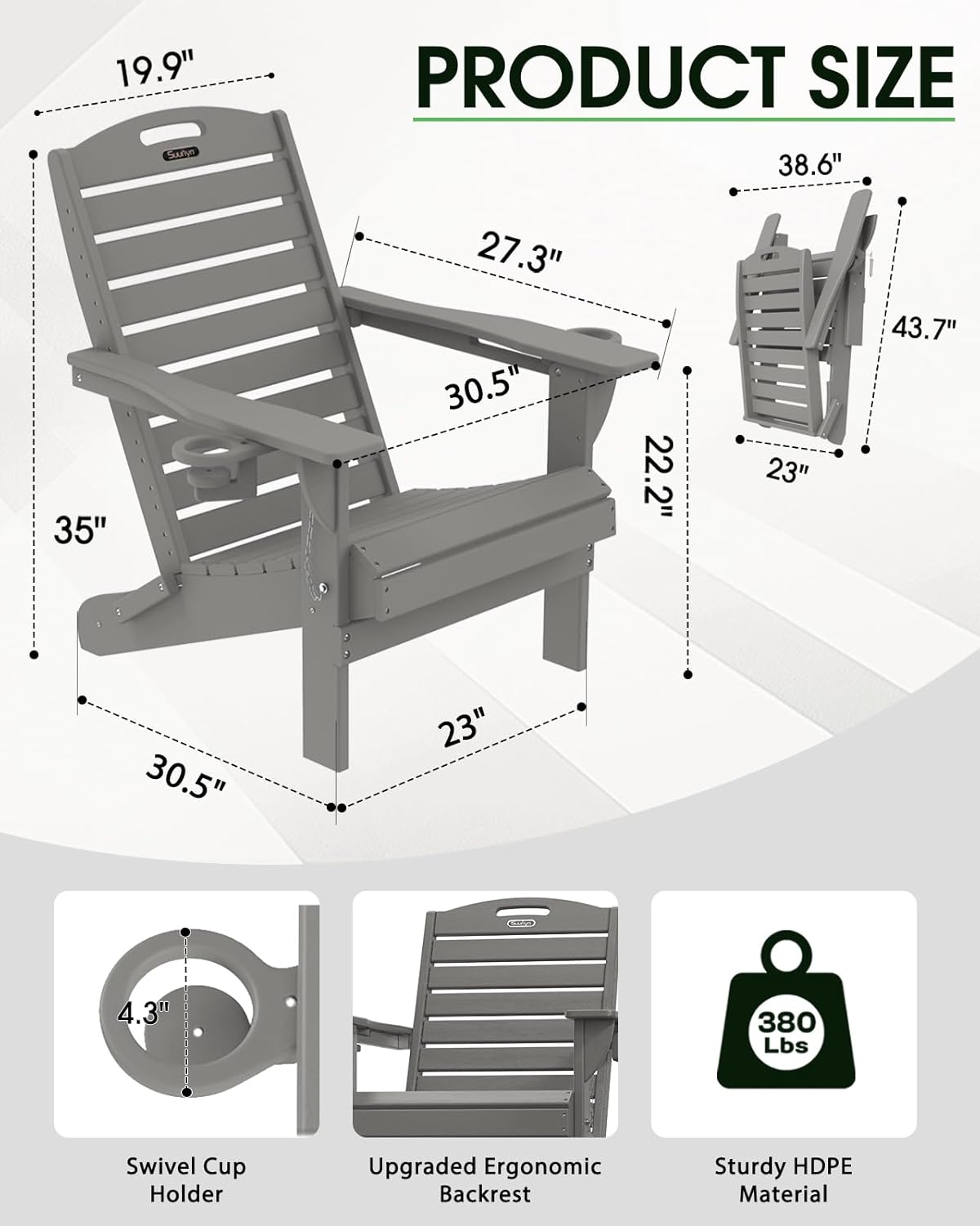 Adirondack Chairs Set of 4, Outdoor Fire Pit Chairs, HDPE All-Weather Adirondack Chairs with Cup Holder, Lawn Chair for Deck, Patio, Garden (Grey)