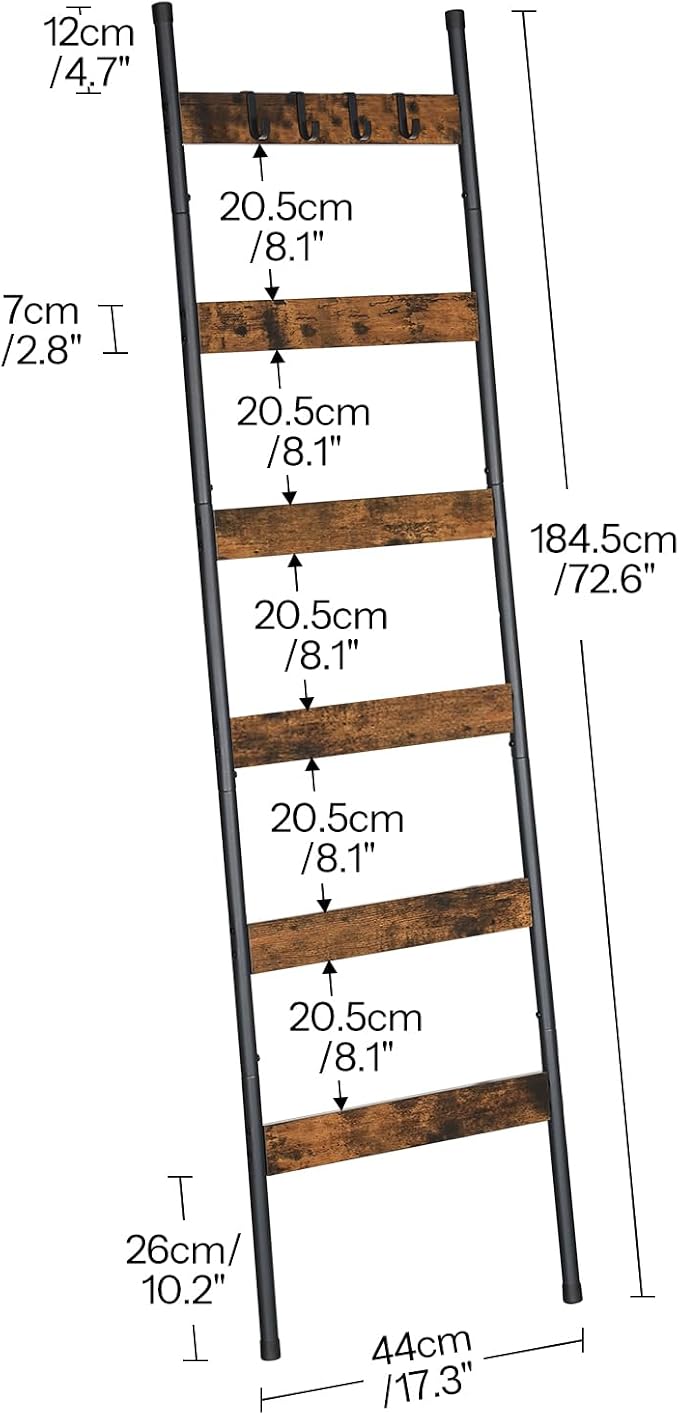 HOOBRO Free Standing 2 Tier Towel Rack for Bathroom and 6-Tier Blanket Ladder with Hooks Bundle, Blanket Holder, Drying and Display Rack with Shelf, Rustic Brown and Black BF02LB01-BF66CJ01