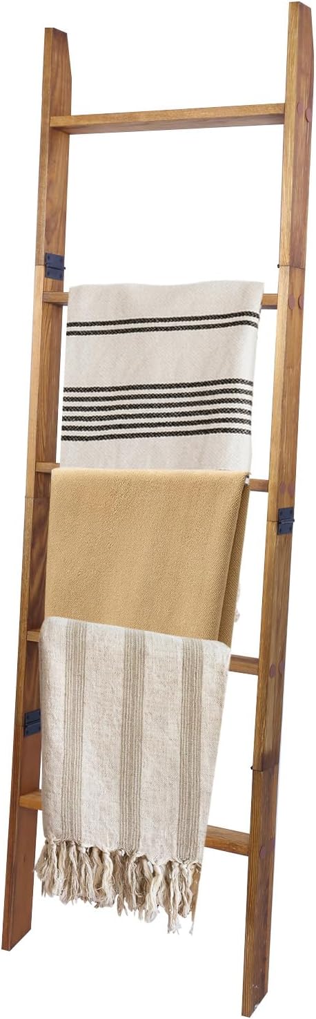 Blanket Ladder, 5-Tier Wooden Quilt Stand, Decorative Ladder Shelf, Leaning Shelf, Wall Leaning Blanket Ladder Towel Storage Rack for Living Room, Walnut