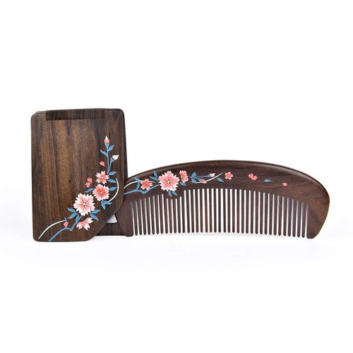 TAN MUJIANG Natural Wooden Comb & Mirror Set - Handcrafted Natural Wooden Haircare Kit with Sakura Design