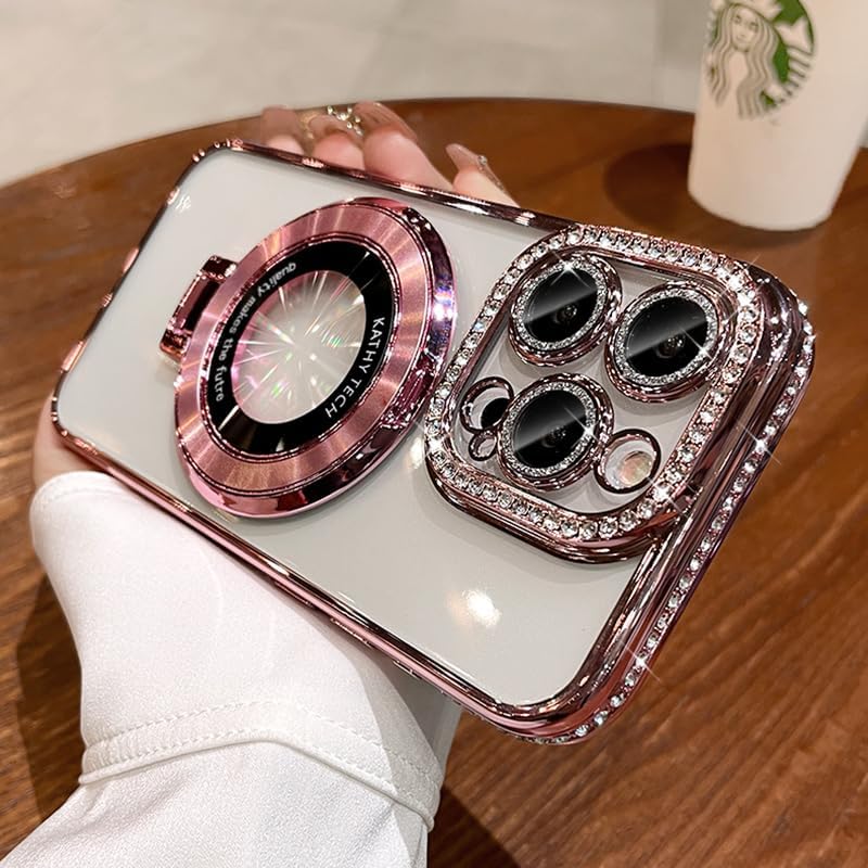 Magnetic Kickstand (Glitter Lens Protector ) Case for iPhone 15 14 13 16 Pro Max (Compatible with Magsafe ) Sparkling Diamond Cover Glitter Shiny Rhinestone Cases (Pink,for iPhone 16 Pro)