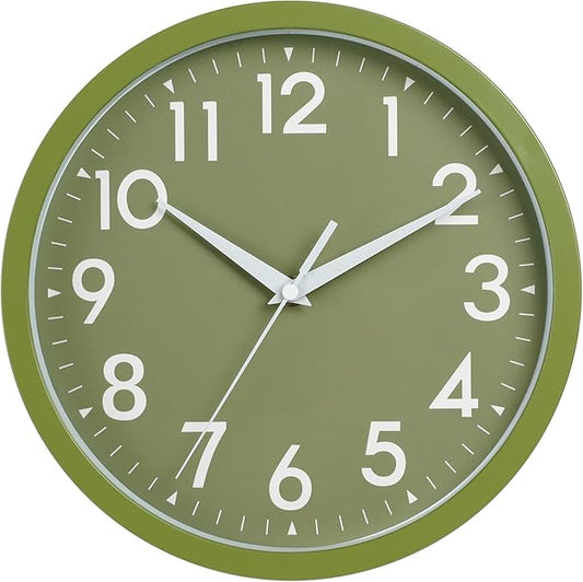 DAXSMY Wall Clock Analog 10 Inch Simple Silent Non Ticking Battery Operated Modern Decorative for Kitchen Office Bedroom Bathroom Living Room(Olive Green)