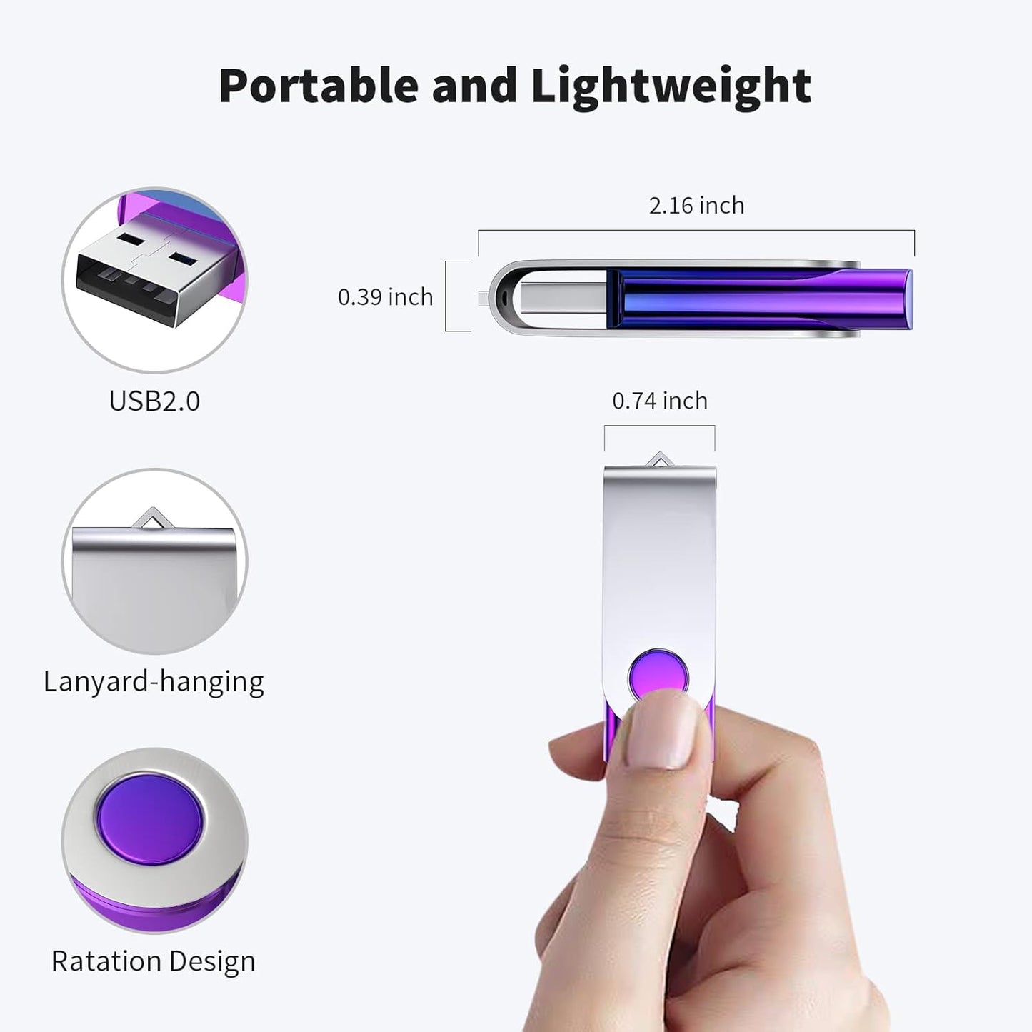 ABLAZE 8GB Flash Drive 2 Pack, USB 2.0 Thumb Drives with Lanyards Swivel USB Memory Stick 8GB（Green and Purple