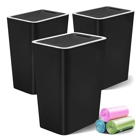 Lysam Small Trash Can, 3 Pack 4 Gallons Bathroom Garbage Can with Lid Press-Top, Small Waste Basket with Trash Bags, Slim Plastic Garbage Bin for Dorm, Office, Bedroom, Kitchen, Living Room (Black)