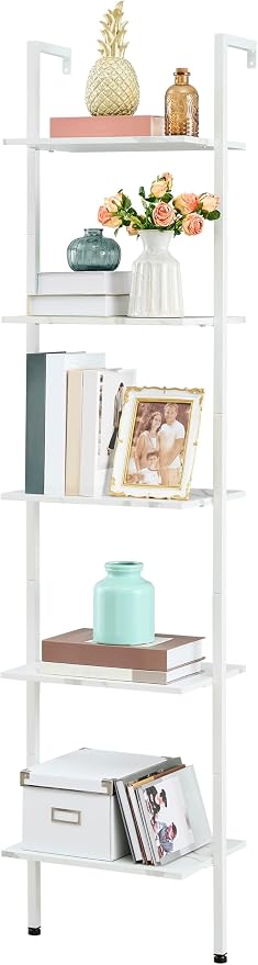 Tajsoon Ladder Shelf, White 5-Tier Wood Wall Mounted Bookcase with Metal Frame, Modern Open Display Rack, Storage Shelves for Bedroom, Home Office, Living Room