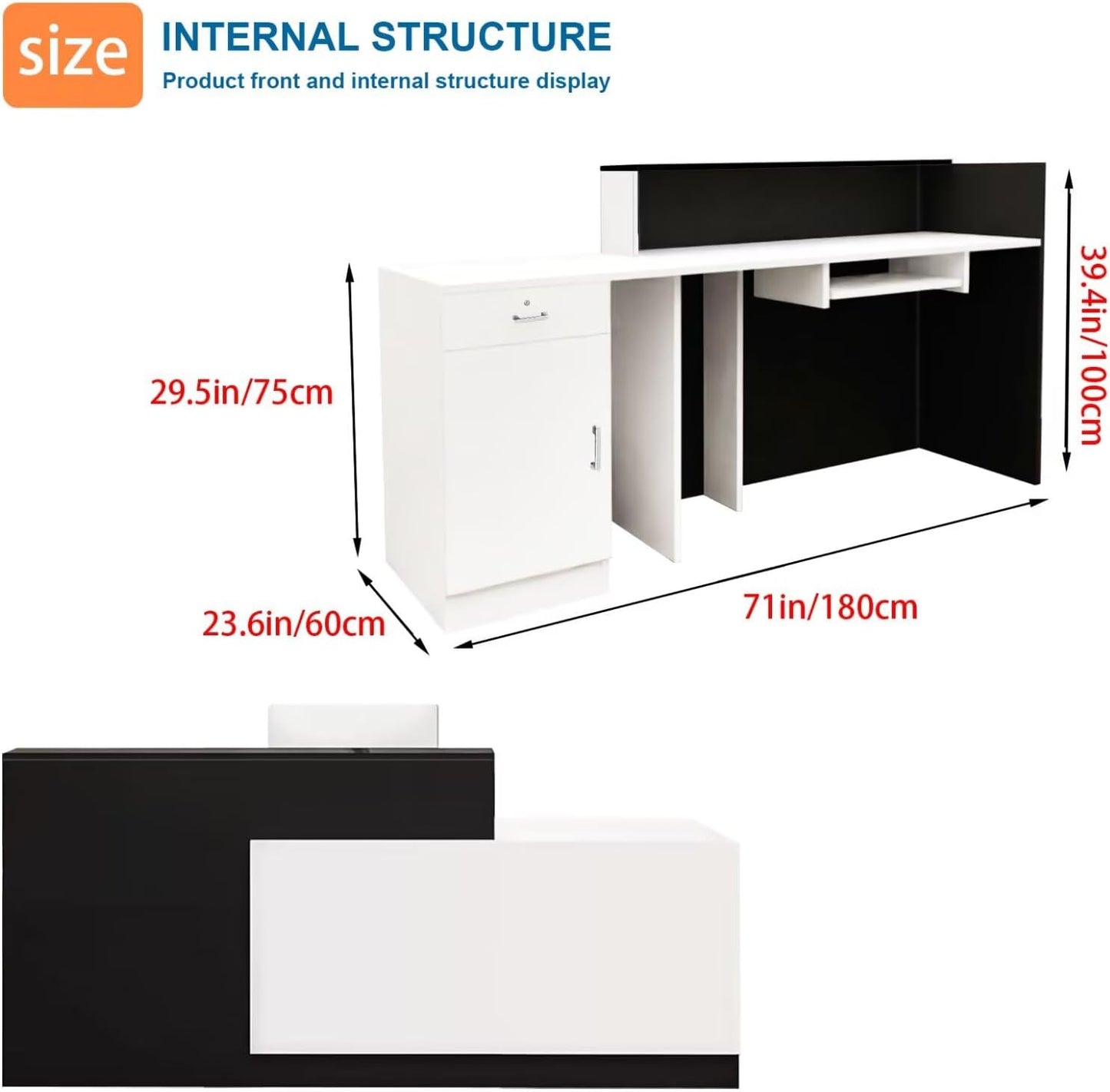 Reception Desk with Counter Modern Checkout Counter with Lockable Drawer Keyboard Tray Receptionist Desk for Office Salon Reception Table C Left 71inch/180cm