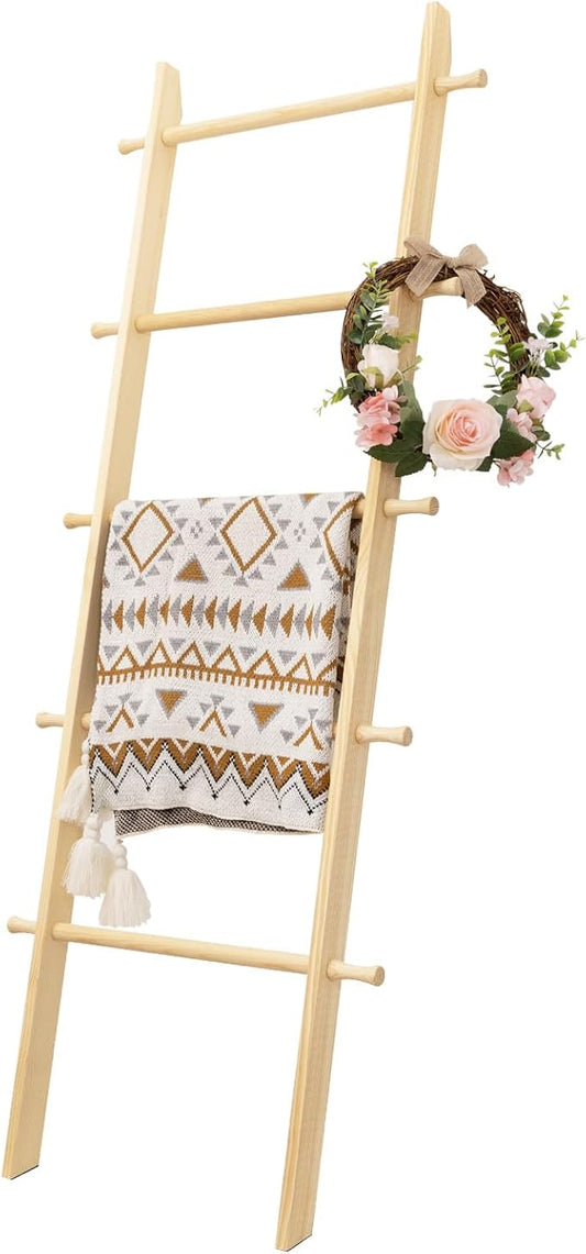 5-Tier Blanket Ladder – 4.8 Ft Wall Leaning Quilt Rack, Farmhouse Blanket Storage for Living Room, Bedroom & Bathroom – Rustic Decorative Wooden Towel & Quilt Holder, Easy to Assemble