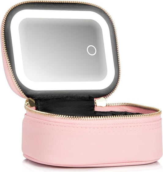 Mini Makeup Bag with Led Mirror, Small Travel Make up Bag 3 Light Modes Adjustable Brightness, for Women Organizer Cosmetic Bag, Portable Travel Train Toiletry Bag, for Pool Parties Work Touch-Ups