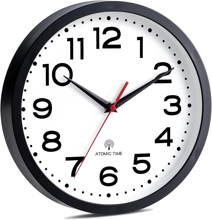 Roymnie Atomic Wall Clock 10 Inch, Modern Clock Battery Operated Classic Analog Decorative for Kitchen, Living Room, Office, Bedroom, Bathroom (Black)