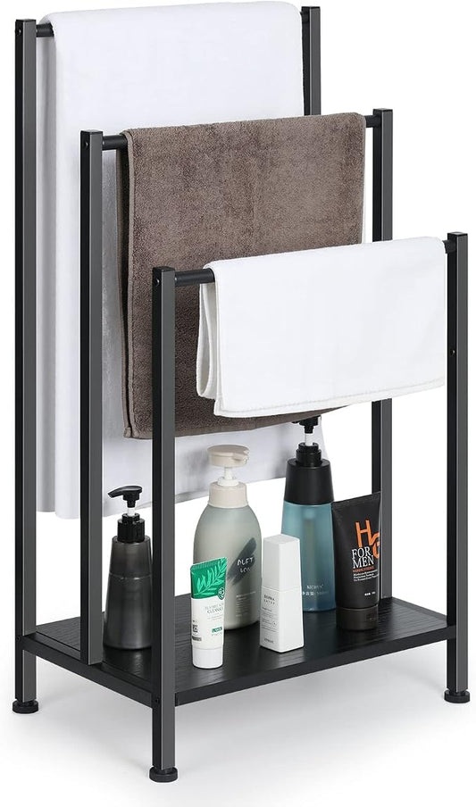 Free Standing Blanket Ladder Holder Rack, 3 Tier Black Metal Towel Racks Stand with Wooden Storage Shelf, Multipurpose Towel Drying Holder stand for Bath & Blanket, Washcloths, Tub or Shower Organizer